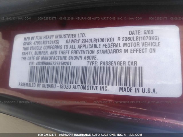 4S3BH895737658201 - 2003 SUBARU LEGACY OUTBACK H6 3.0 SPECIAL RED photo 9