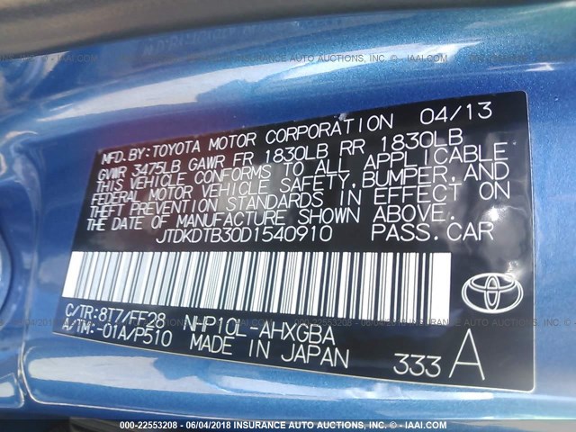 JTDKDTB30D1540910 - 2013 TOYOTA PRIUS C 蓝色 照片 9