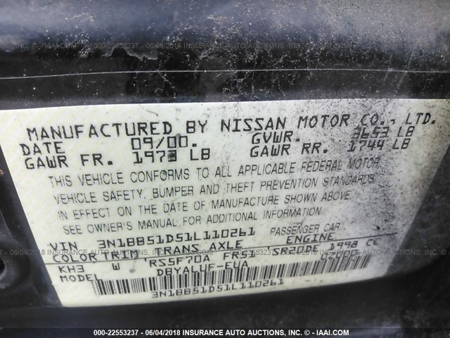 3N1BB51D51L110261 - 2001 NISSAN SENTRA SE BLACK photo 9