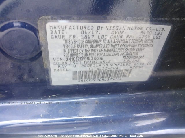 3N1CE2CP0HL375276 - 2017 NISSAN VERSA NOTE S/S PLUS/SV/SL/SR Dark Blue photo 9