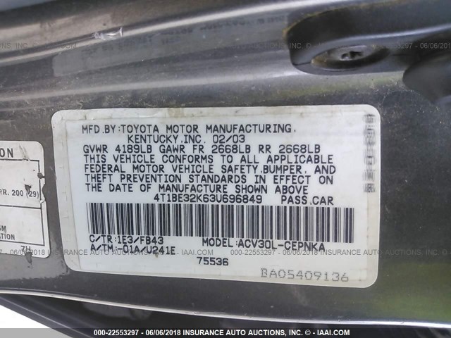 4T1BE32K63U696849 - 2003 TOYOTA CAMRY LE/XLE/SE 灰色 照片 9
