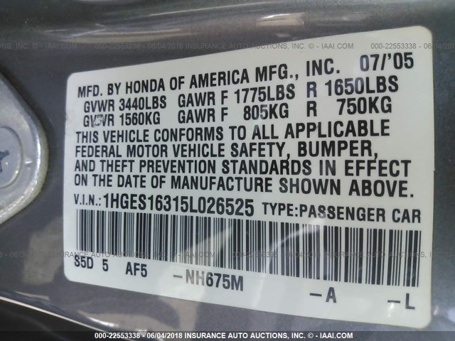 1HGES16315L026525 - 2005 HONDA CIVIC DX VP GRAY photo 9