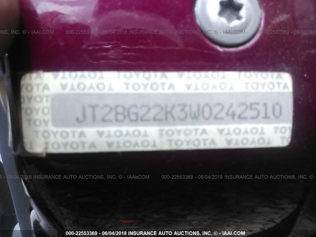 JT2BG22K3W0242510 - 1998 TOYOTA CAMRY CE/LE/XLE RED photo 9