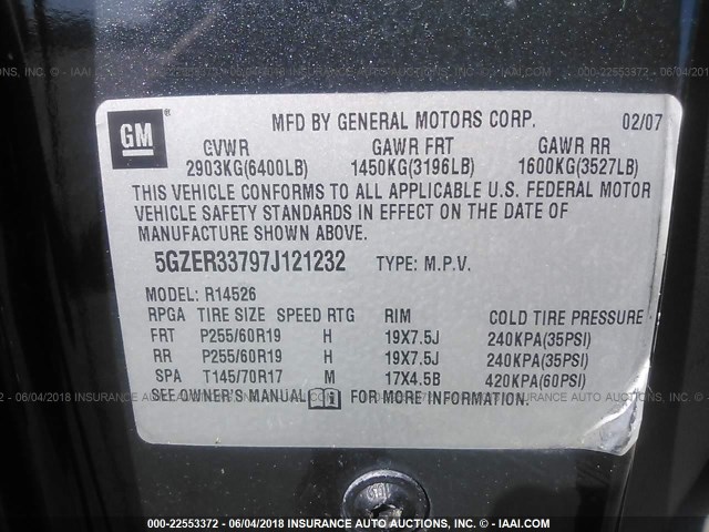 5GZER33797J121232 - 2007 SATURN OUTLOOK SPECIAL შავი ფოტო 9