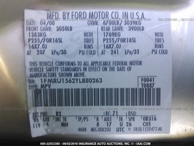 1FMRU1562YLB80263 - 2000 FORD EXPEDITION XLT GOLD photo 9