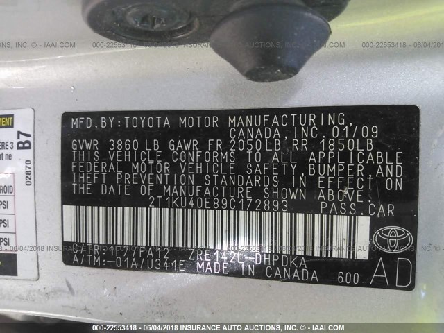 2T1KU40E89C172893 - 2009 TOYOTA COROLLA MATRIX  SILVER photo 9