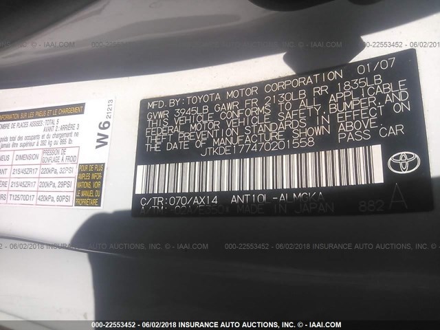 JTKDE177470201558 - 2007 TOYOTA SCION TC 白色 照片 9