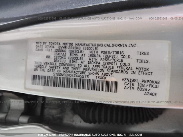 5TEGN92N04Z445275 - 2004 TOYOTA TACOMA DOUBLE CAB PRERUNNER SILVER photo 9