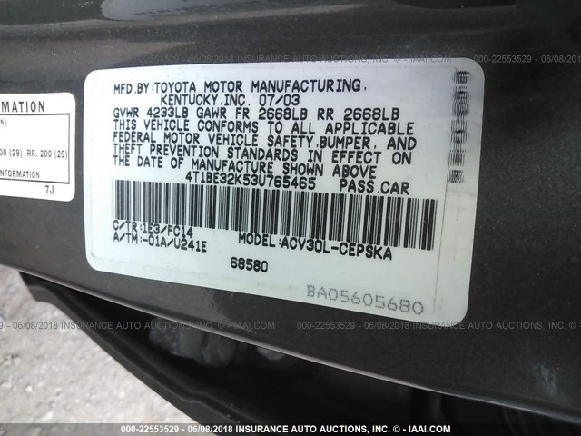 4T1BE32K53U765465 - 2003 TOYOTA CAMRY LE/XLE/SE Boz foto 9