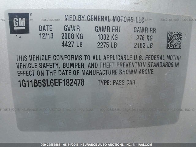 1G11B5SL6EF182478 - 2014 CHEVROLET MALIBU LS Gümüş foto 9