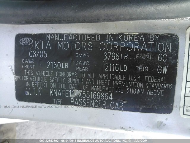 KNAFE121X55166864 - 2005 KIA NEW SPECTRA LX/EX SILVER photo 9