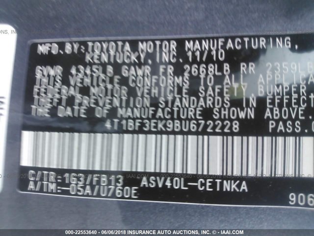 4T1BF3EK9BU672228 - 2011 TOYOTA CAMRY SE/LE/XLE GRAY photo 9