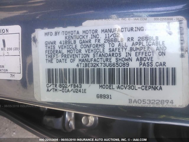 4T1BE32K73U665089 - 2003 TOYOTA CAMRY LE/XLE/SE 浅蓝色 照片 9