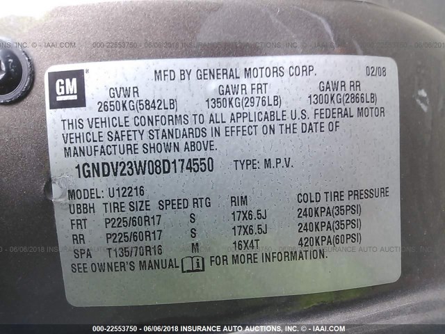 1GNDV23W08D174550 - 2008 CHEVROLET UPLANDER LS BROWN photo 9