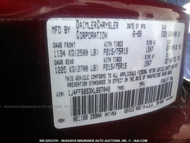 1J4FF68S3XL667049 - 1999 JEEP CHEROKEE SPORT/CLASSIC წითელი ფოტო 9