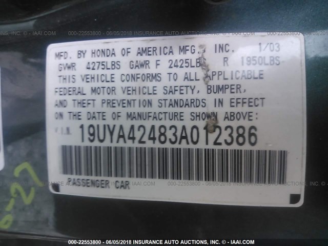 19UYA42483A012386 - 2003 ACURA 3.2CL GREEN photo 9