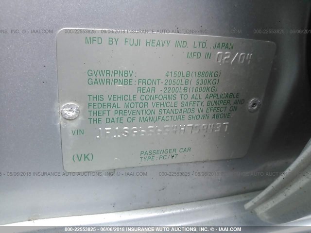 JF1SG65654H759437 - 2004 SUBARU FORESTER 2.5XS ვერცხლისფერი ფოტო 9