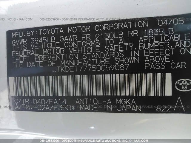 JTKDE177750059087 - 2005 TOYOTA SCION TC WHITE photo 9