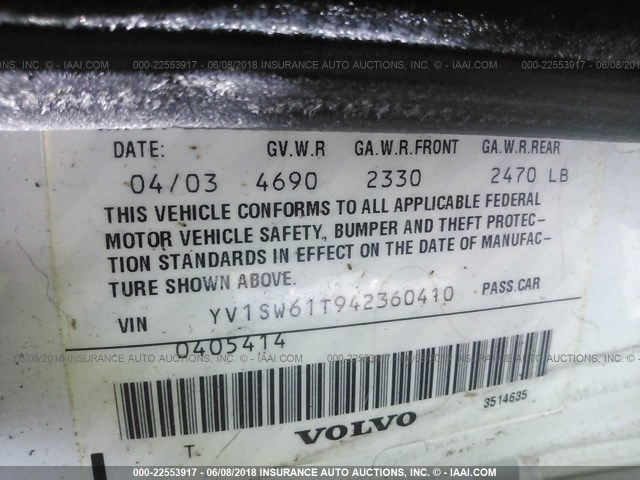 YV1SW61T942360410 - 2004 VOLVO V70 WHITE photo 9