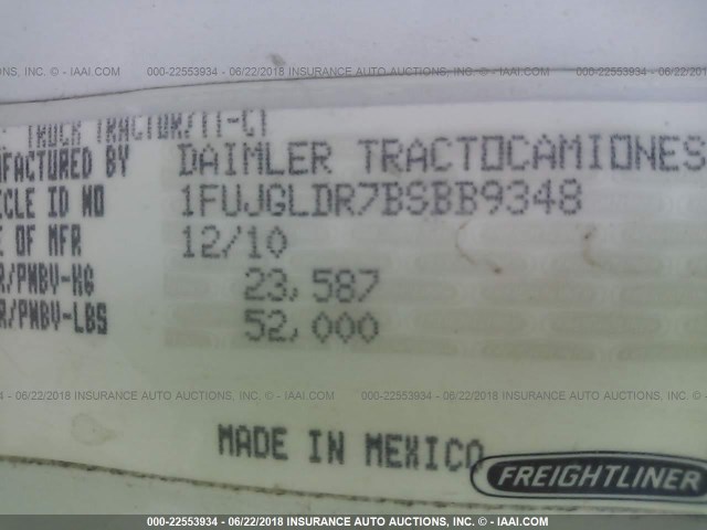 1FUJGLDR7BSBB9348 - 2011 FREIGHTLINER CASCADIA 125  WHITE photo 10