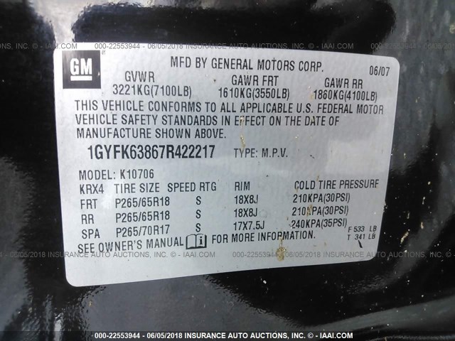 1GYFK63867R422217 - 2007 CADILLAC ESCALADE LUXURY Qara foto 9