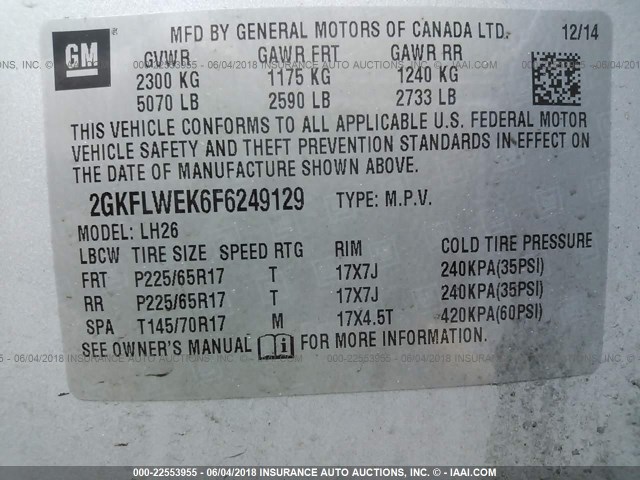 2GKFLWEK6F6249129 - 2015 GMC TERRAIN SLE SILVER photo 9