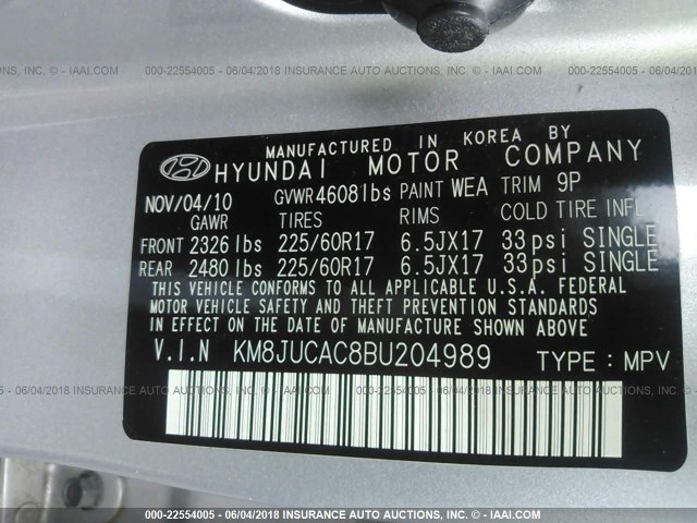 KM8JUCAC8BU204989 - 2011 HYUNDAI TUCSON GLS/LIMITED GRAY photo 9