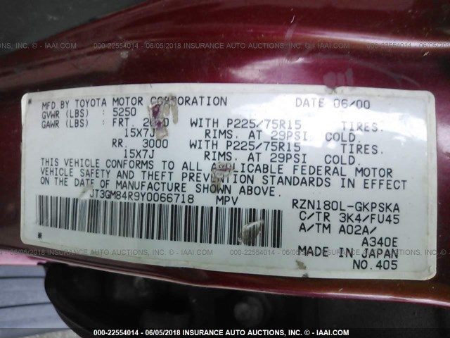 JT3GM84R9Y0066718 - 2000 TOYOTA 4RUNNER RED photo 9