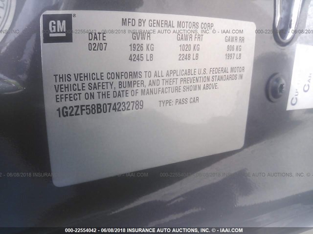 1G2ZF58B074232789 - 2007 PONTIAC G6 VALUE LEADER/BASE GRAY photo 9