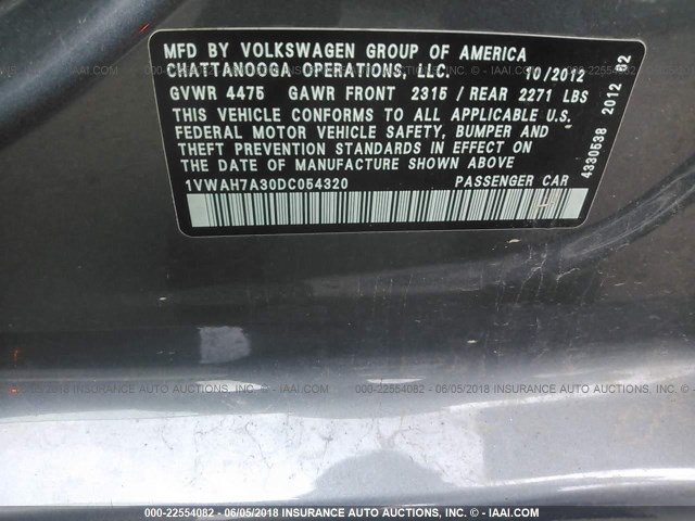 1VWAH7A30DC054320 - 2013 VOLKSWAGEN PASSAT S GRAY photo 9