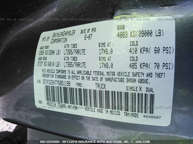3D7KS28A77G851199 - 2007 DODGE RAM 2500 ST/SLT 灰色 照片 9