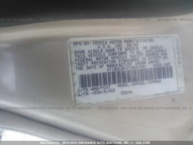 4T1BG12K3TU651091 - 1996 TOYOTA CAMRY DX/LE/XLE TAN photo 9