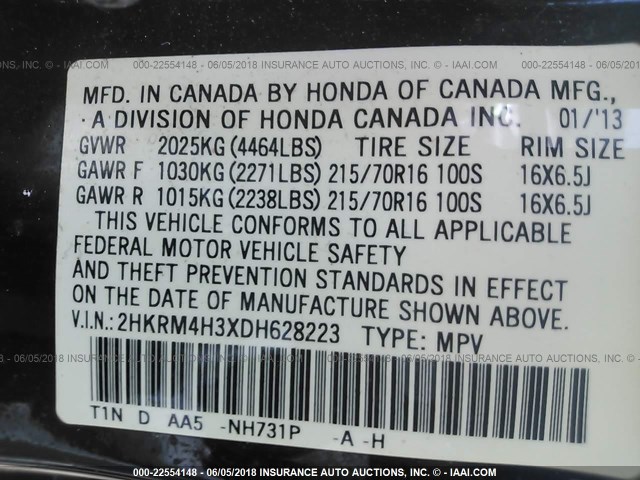 2HKRM4H3XDH628223 - 2013 HONDA CR-V LX BLACK photo 9