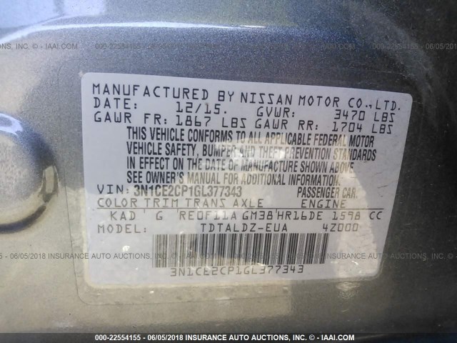 3N1CE2CP1GL377343 - 2016 NISSAN VERSA NOTE S/S PLUS/SV/SL/SR GRAY photo 9
