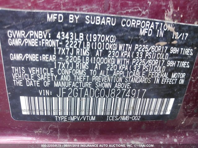 JF2GTADC0J8274917 - 2018 SUBARU CROSSTREK PREMIUM Qırmızı foto 9