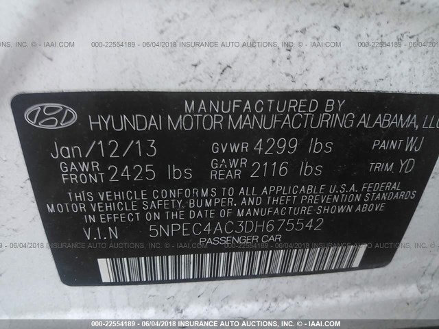 5NPEC4AC3DH675542 - 2013 HYUNDAI SONATA SE/LIMITED WHITE photo 9