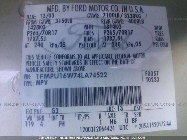 1FMPU16W74LA74522 - 2004 FORD EXPEDITION XLT ოქროსფერი ფოტო 9