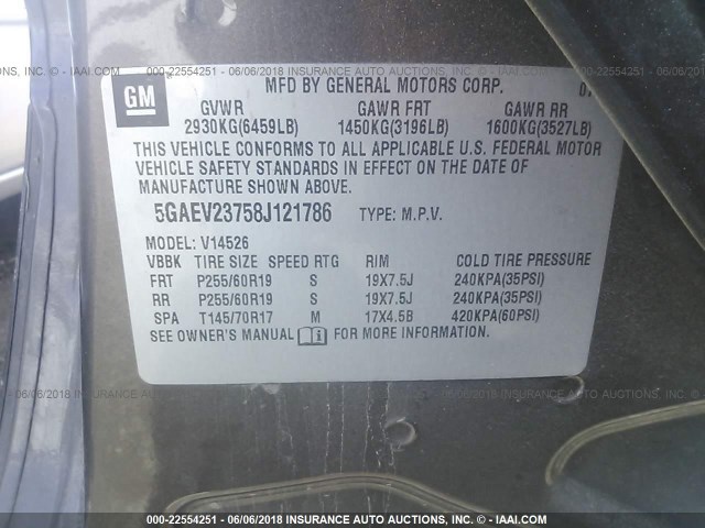 5GAEV23758J121786 - 2008 BUICK ENCLAVE CXL Marron photo 9