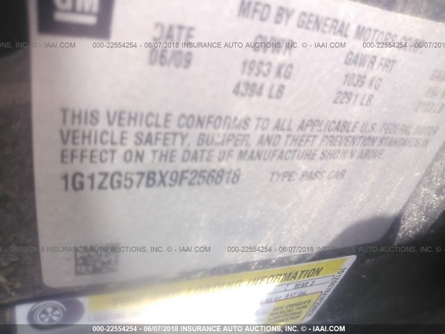 1G1ZG57BX9F256818 - 2009 CHEVROLET MALIBU LS 黑色 照片 9