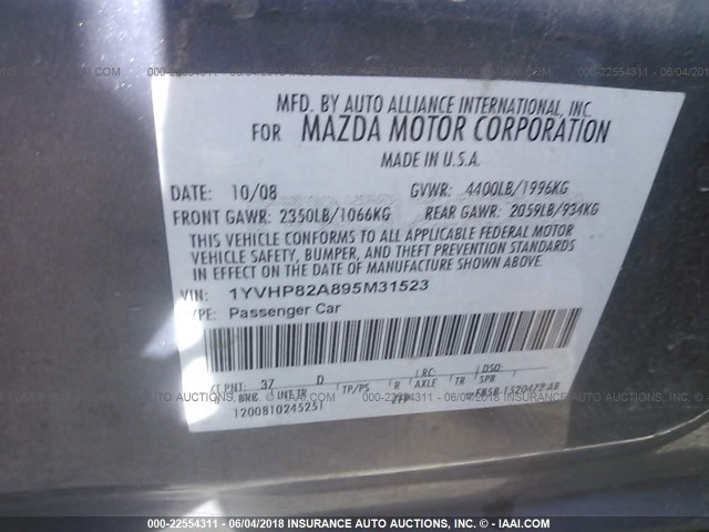1YVHP82A895M31523 - 2009 MAZDA 6 I ლურჯი ფოტო 9