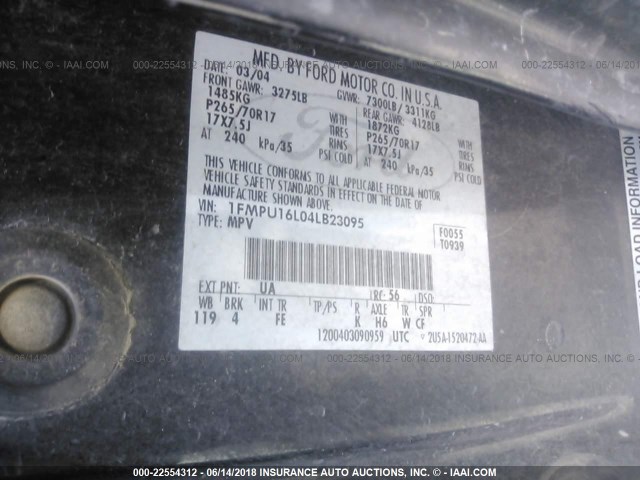 1FMPU16L04LB23095 - 2004 FORD EXPEDITION XLT BLACK photo 9