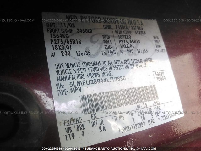 5LMFU28R44LJ12830 - 2004 LINCOLN NAVIGATOR BURGUNDY photo 9