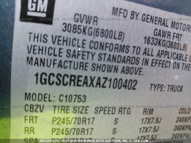 1GCSCREAXAZ100402 - 2010 CHEVROLET SILVERADO C1500  LS GREEN photo 9