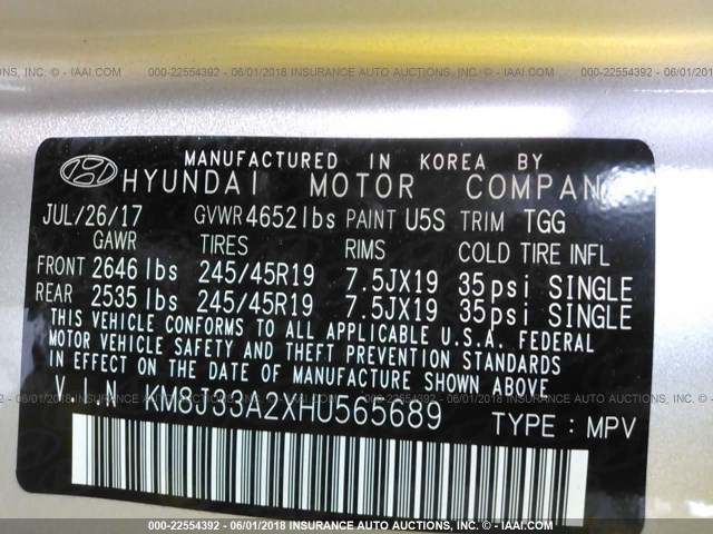 KM8J33A2XHU565689 - 2017 HYUNDAI TUCSON LIMITED/SPORT AND ECO/SE SILVER photo 9