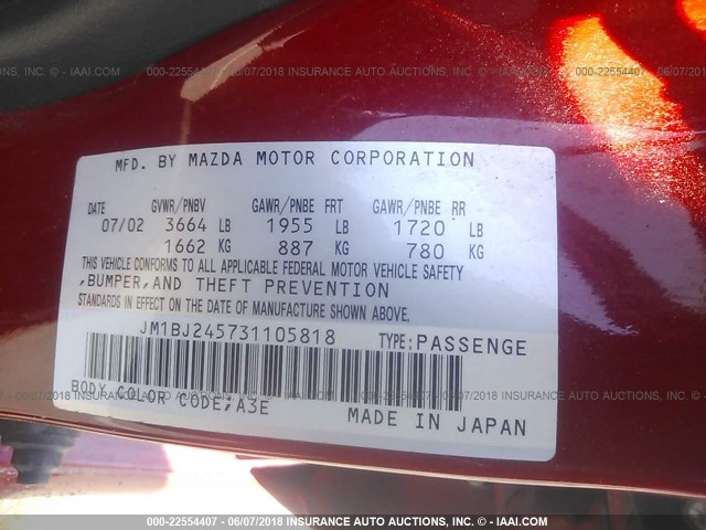 JM1BJ245731105818 - 2003 MAZDA PROTEGE PR5 红色 照片 9