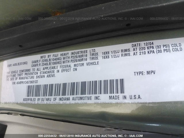 4S4BP61C457363122 - 2005 SUBARU LEGACY OUTBACK 2.5I GREEN photo 9