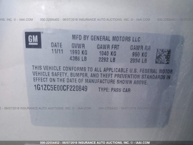 1G1ZC5E00CF220849 - 2012 CHEVROLET MALIBU 1LT 金色 照片 9