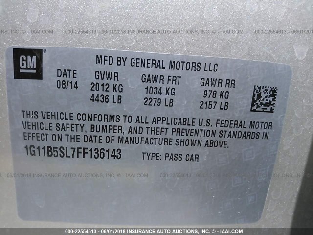 1G11B5SL7FF136143 - 2015 CHEVROLET MALIBU LS 棕色 照片 9