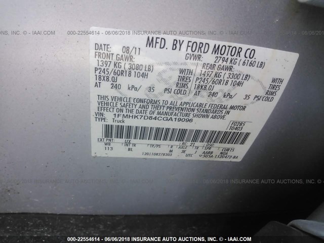 1FMHK7D84CGA19096 - 2012 FORD EXPLORER XLT SILVER photo 9