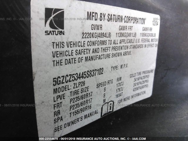5GZCZ53445S837102 - 2005 SATURN VUE GREEN photo 9